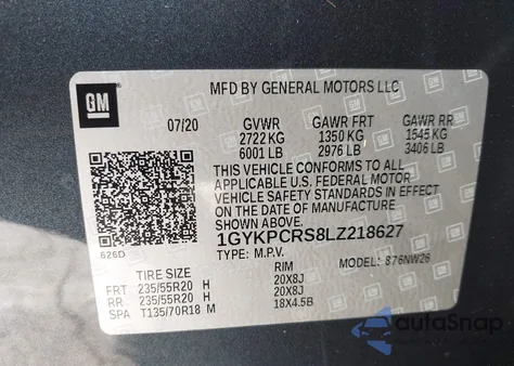 2020 Cadillac Xt6 Premium Luxury z USA, uszkodzony, nr VIN 1GYKPCRS8LZ218627